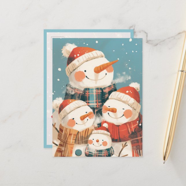 Snowman Family in Cozy Winter Postcard (Front/Back In Situ)