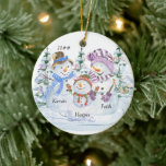 Snowman Family of 3 Cute Personalised Christmas Ceramic Ornament<br><div class="desc">Cute personalised christmas ornament for a family of 3. Double-sided design features a happy trio of snowmen surrounded by christmas trees and you can personalise it with the year and your names.</div>