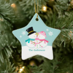 Snowman Family of Three Christmas Holidays Ceramic Tree Decoration<br><div class="desc">Custom Christmas ornament featuring an adorable and unique vector illustration  of a couple of snowmen kissing in the snow on a winter blue background. Personalise it with your names,  wedding anniversary date,  or any text of your choice to make the perfect First Christmas  or couple ornament keepsake.
  ©Sanqunetti Design</div>