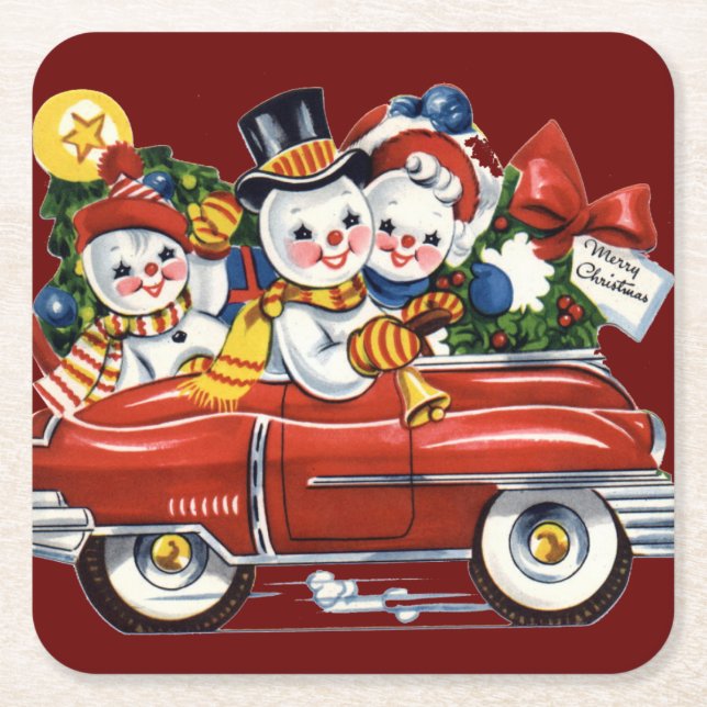Snowman Family Out For a Drive Christmas Square Paper Coaster (Front)