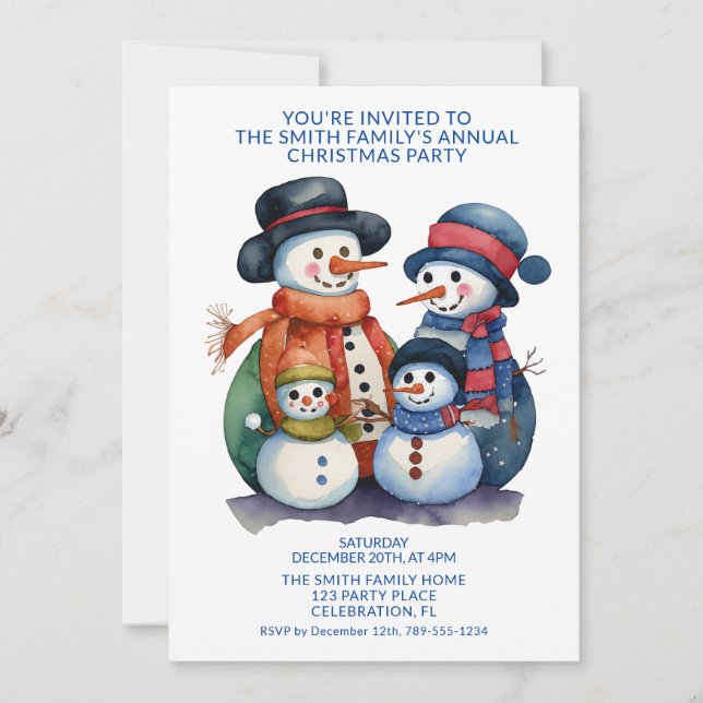 Snowman Family Presents Blue Party Invitation (Front)