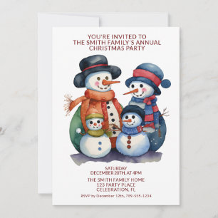 Snowman Family Presents Red Party Invitation