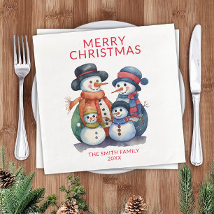 Snowman Family Red Christmas Party Napkin