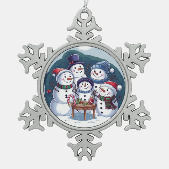 Snowman Family Snowflake Pewter Christmas Ornament (Front)