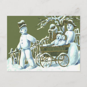 Snowman Family Walk Stroll Snow Postcard