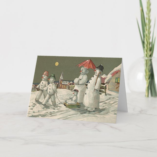 Snowman Family Winter Playing Snow Church Holiday Card (Front)