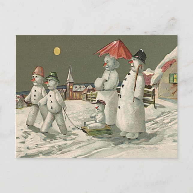 Snowman Family Winter Playing Snow Church Postcard (Front)