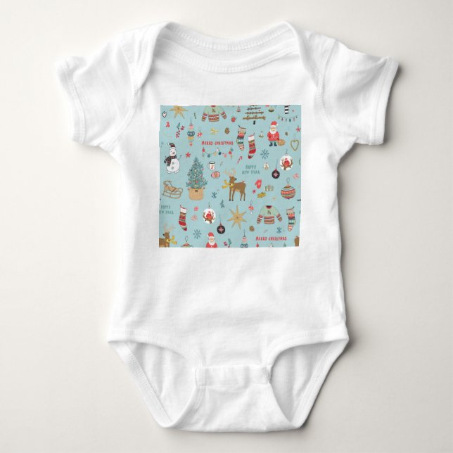 Snowman Fir-Tree Christmas Wrapping Pattern Baby Bodysuit (Front)