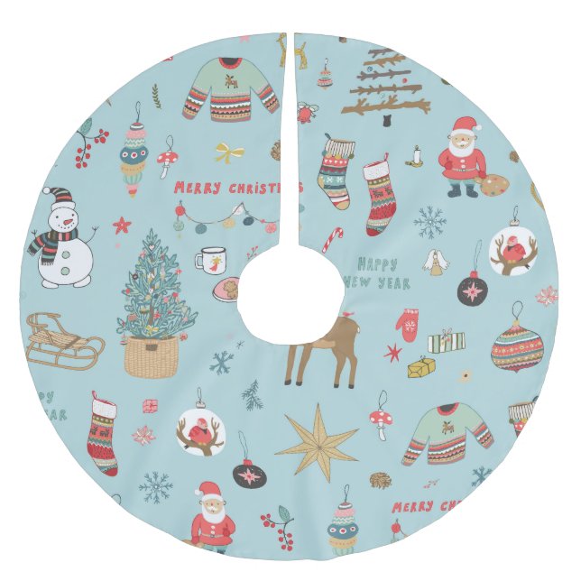Snowman Fir-Tree Christmas Wrapping Pattern Brushed Polyester Tree Skirt (Front)