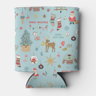 Snowman Fir-Tree Christmas Wrapping Pattern Can Cooler