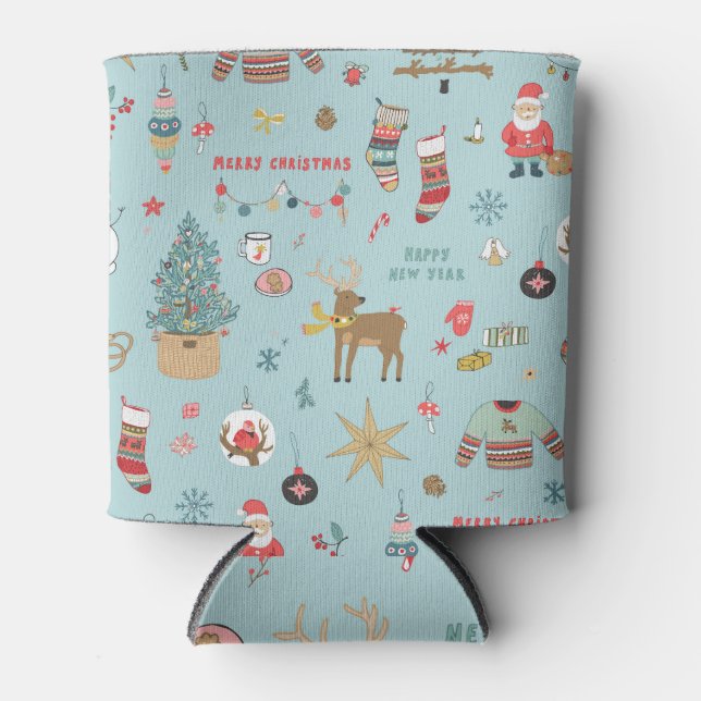 Snowman Fir-Tree Christmas Wrapping Pattern Can Cooler (Front)