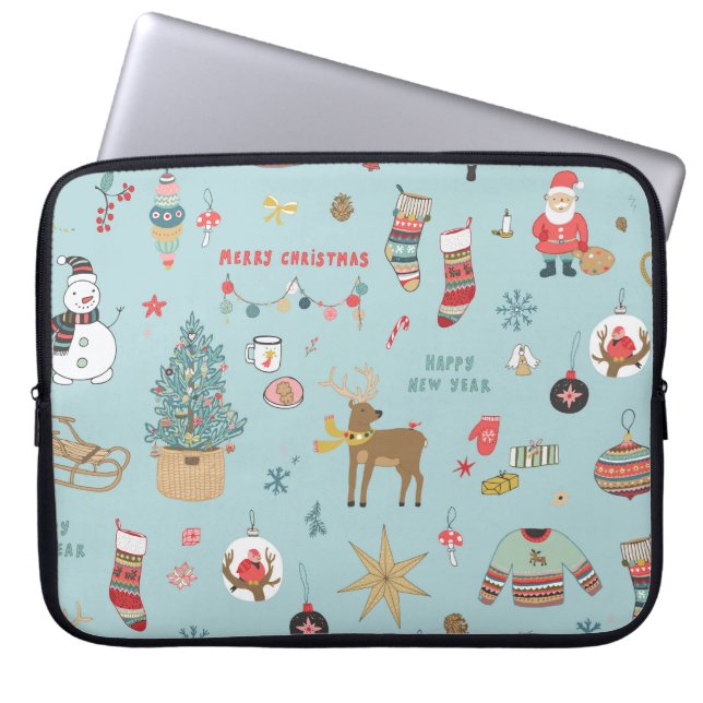Snowman Fir-Tree Christmas Wrapping Pattern Laptop Sleeve (Front)
