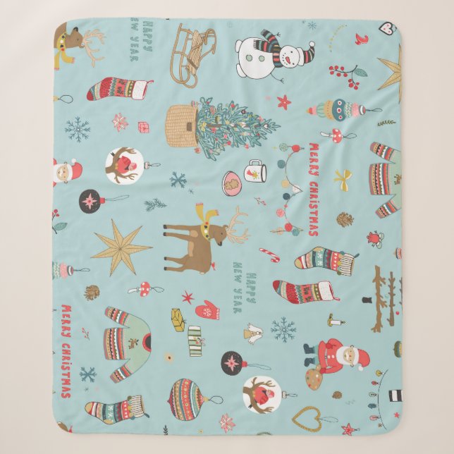 Snowman Fir-Tree Christmas Wrapping Pattern Sherpa Blanket (Front)