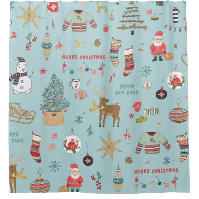 Snowman Fir-Tree Christmas Wrapping Pattern Shower Curtain (Front)