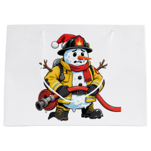 Snowman Firefighter Christmas 2026 Funny Holiday Large Gift Bag