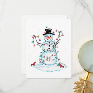 Snowman Flat Card, Fun Festive Snowman with Lights Thank You Card