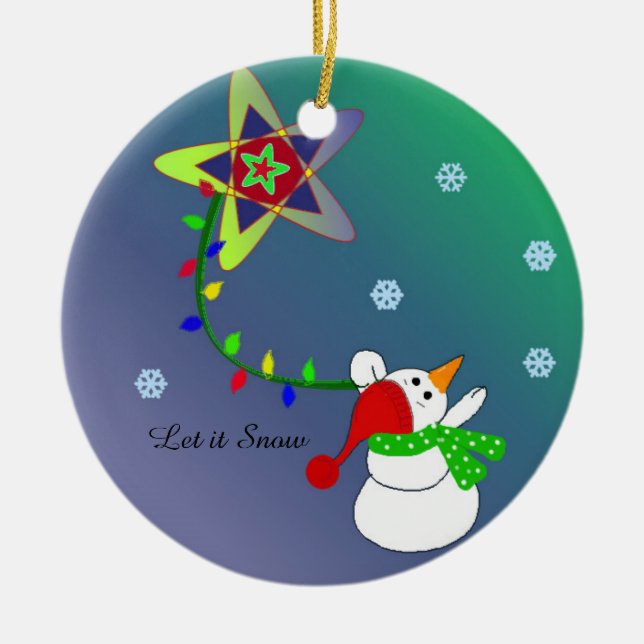 Snowman Flying in the Sky Ceramic Ornament (Front)