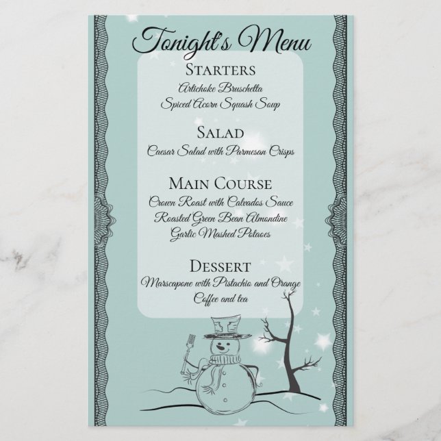 Snowman fork catering Christmas dinner menu (Front)