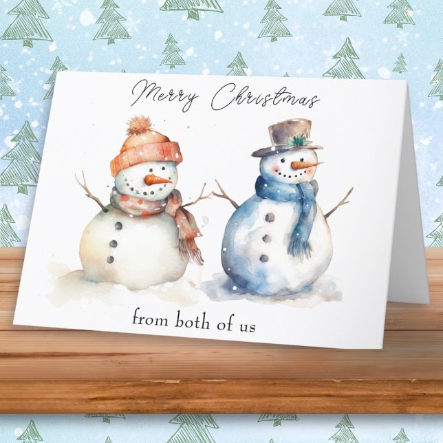 Snowman From Both Of Us Merry Christmas Greeting Holiday Card (A whimsical Christmas card 'from both of us' with illustration of snowmen in a watercolor style)