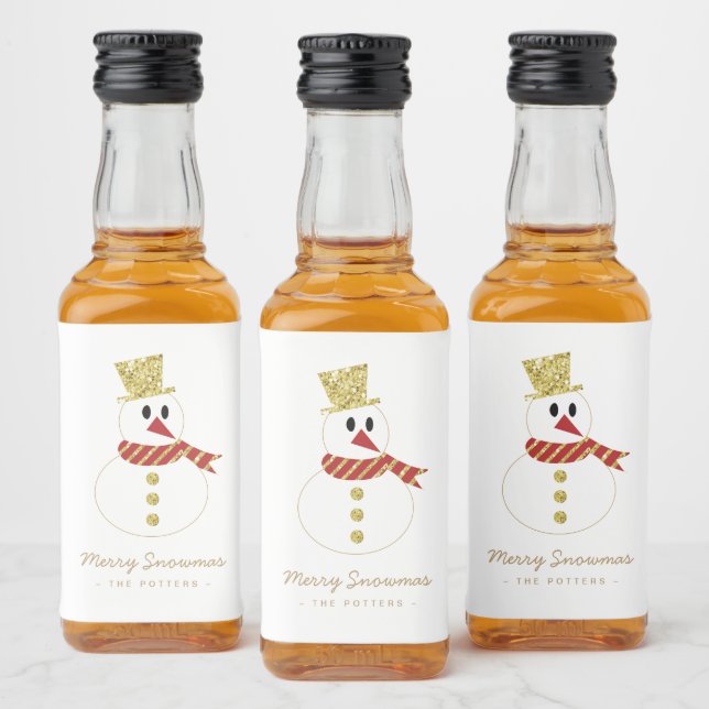 Snowman | Fun Christmas White & Gold Liquor Bottle Label (Bottles)