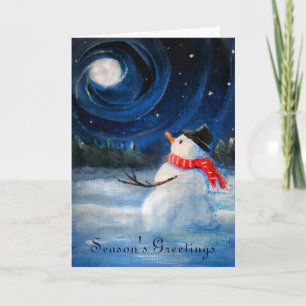 Snowman Gazes at Night Sky & Moon - Folk Painting Holiday Card