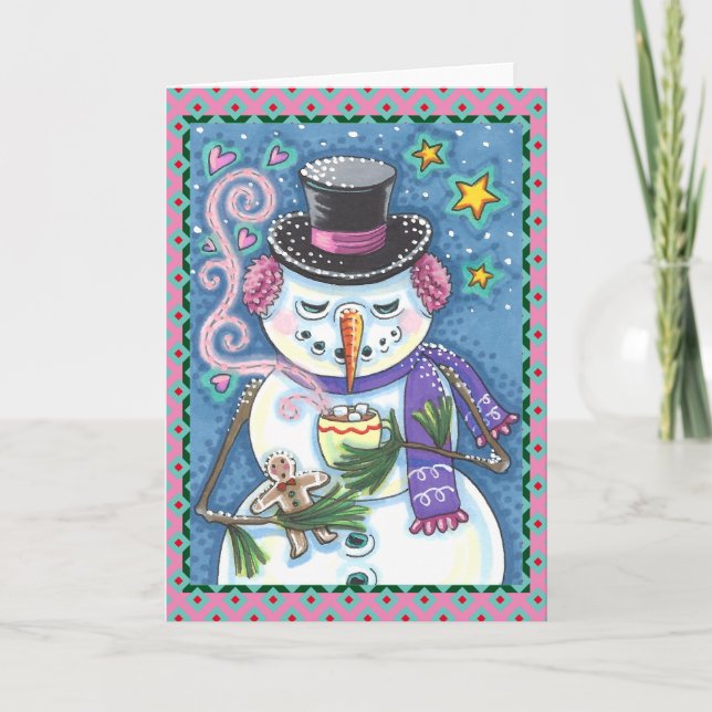 SNOWMAN, GINGERBREAD MAN, HOT CHOCOLATE MUG Blank Holiday Card (Front)