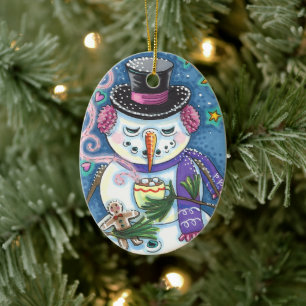 SNOWMAN, GINGERBREAD MAN & MUG OF HOT CHOCOLATE CERAMIC ORNAMENT