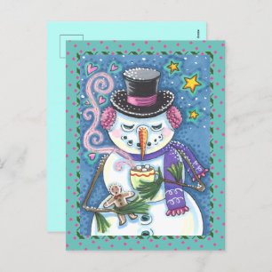 SNOWMAN, GINGERBREAD MAN & MUG OF HOT CHOCOLATE HOLIDAY POSTCARD