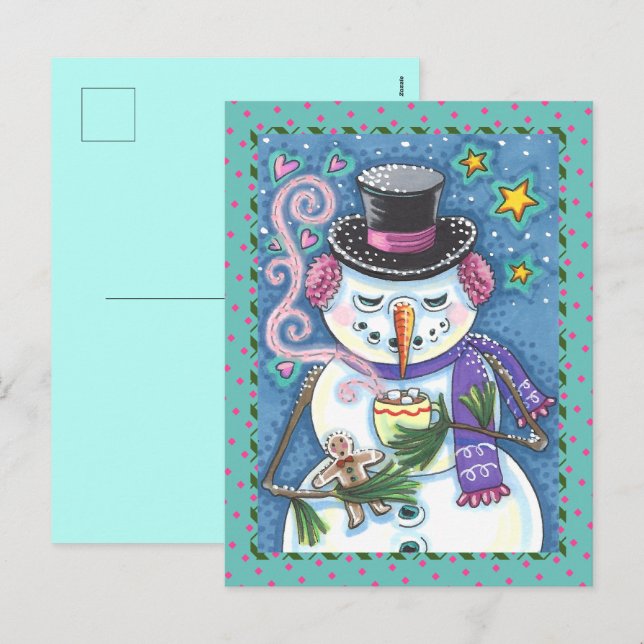 SNOWMAN, GINGERBREAD MAN & MUG OF HOT CHOCOLATE HOLIDAY POSTCARD (Front/Back)