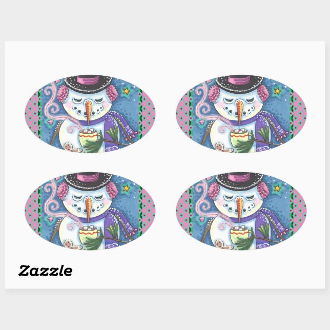 SNOWMAN, GINGERBREAD MAN & MUG OF HOT CHOCOLATE OVAL STICKER (Sheet)