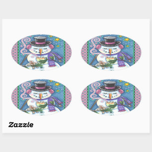 SNOWMAN, GINGERBREAD MAN & MUG OF HOT CHOCOLATE OVAL STICKER