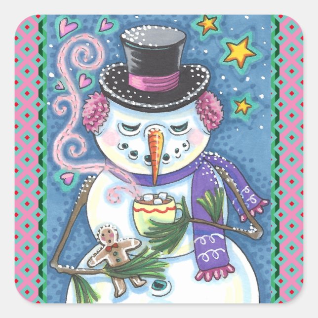 SNOWMAN, GINGERBREAD MAN & MUG OF HOT CHOCOLATE SQUARE STICKER (Front)