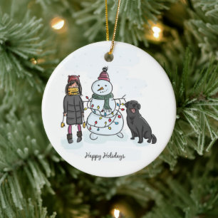 Snowman, Girl and Dog  Ceramic Ornament