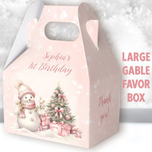 Snowman Girl Pink Christmas 1st Birthday Large Favour Box