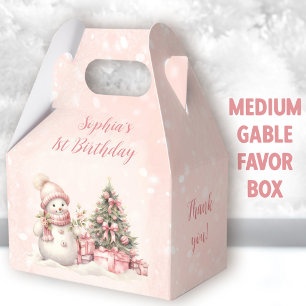 Snowman Girl Pink Christmas 1st Birthday Medium Favour Box