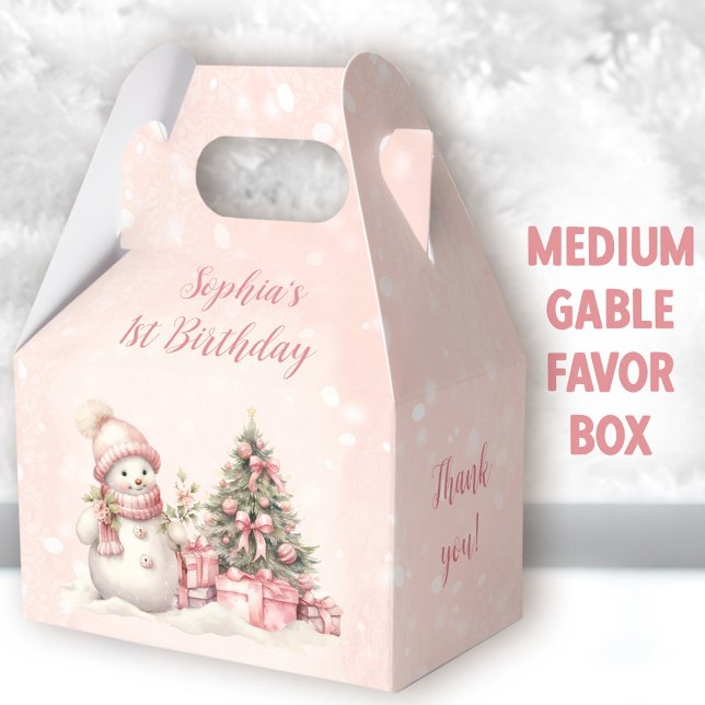 Snowman Girl Pink Christmas 1st Birthday Medium Favour Box (Snowman Birthday Medium Gable Favor Boxes - You can choose from 3 sizes of these gable favor boxes)