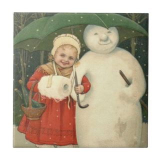 Snowman Girl Umbrella Snowfall Ceramic Tile