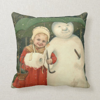 Snowman Girl Umbrella Snowfall Cushion