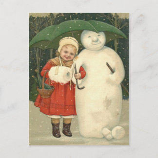 Snowman Girl Umbrella Snowfall Postcard
