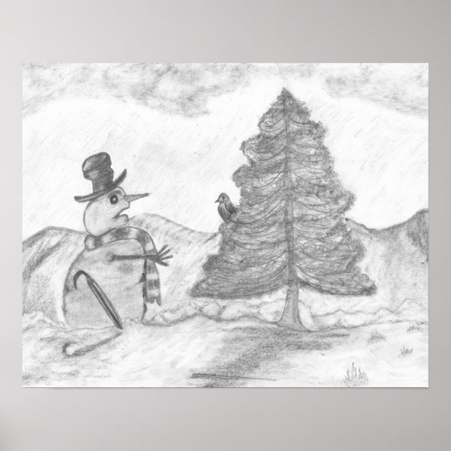 Snowman Grayscale Pencil drawing christmas scene Poster (Front)