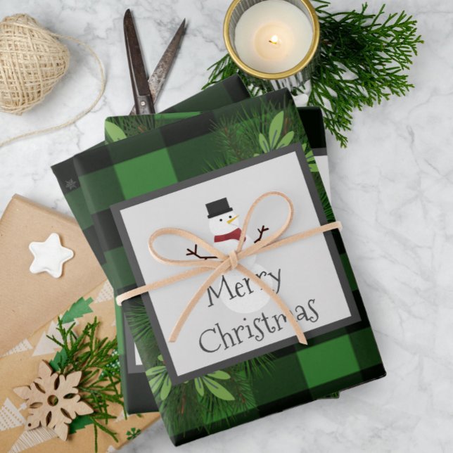Snowman Green Buffalo Plaid | Black and Green Wrapping Paper Sheet (Black and Green Snowman Buffalo Plaid Wrapping Paper Sheets)