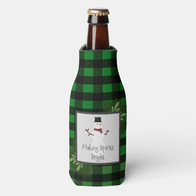 Snowman Green Buffalo Plaid Bottle Cooler (Bottle Front)