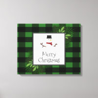 Snowman Green Buffalo Plaid Canvas Print