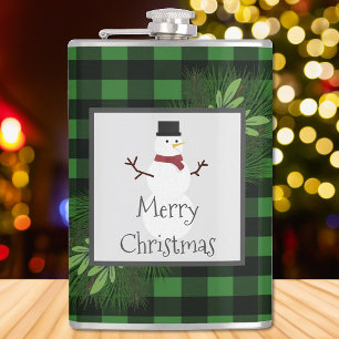 Snowman Green Buffalo Plaid Flask