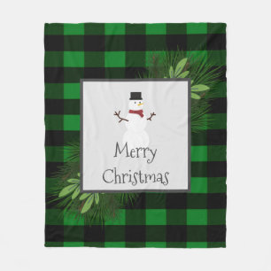 Snowman Green Buffalo Plaid Fleece Blanket