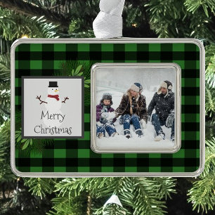Snowman Green Buffalo Plaid Framed Ornament