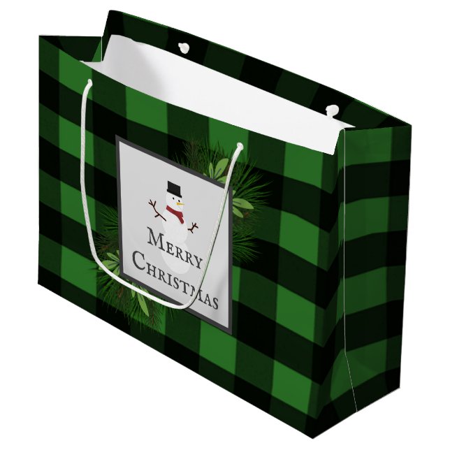 Snowman Green Buffalo Plaid Gift Bag (Front Angled)