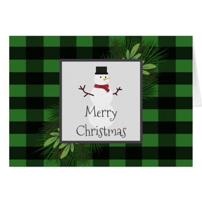 Snowman Green Buffalo Plaid Greeting Card (Front Horizontal)
