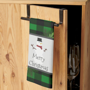 Snowman Green Buffalo Plaid Kitchen Towel