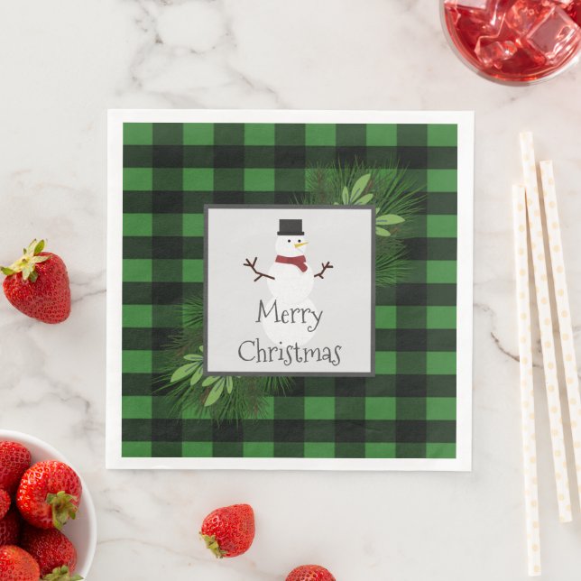 Snowman Green Buffalo Plaid Paper Napkin (Insitu)
